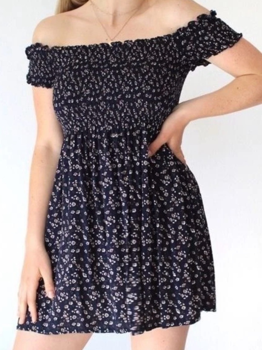 Brandy Melville Caley Navy Micro Floral Off-Shoulder Mini Dress